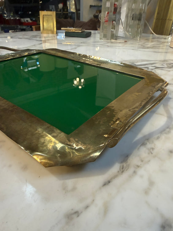 Vintage Brass Tray with Green Glass Insert