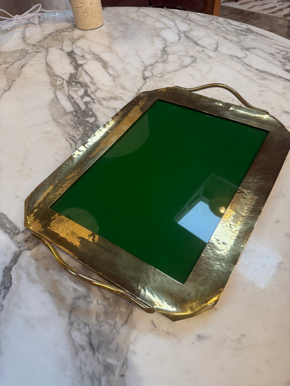 Vintage Brass Tray with Green Glass Insert