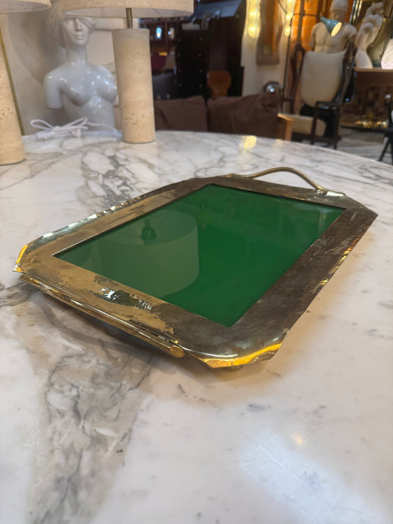 Vintage Brass Tray with Green Glass Insert