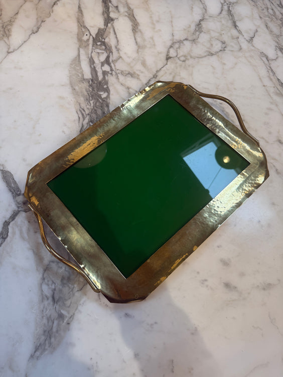 Vintage Brass Tray with Green Glass Insert