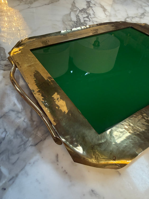 Vintage Brass Tray with Green Glass Insert