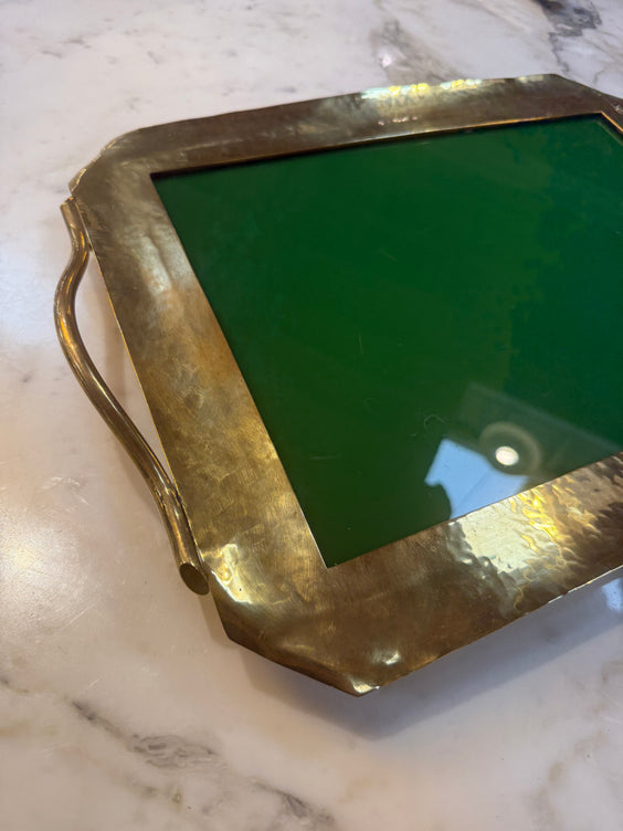 Vintage Brass Tray with Green Glass Insert