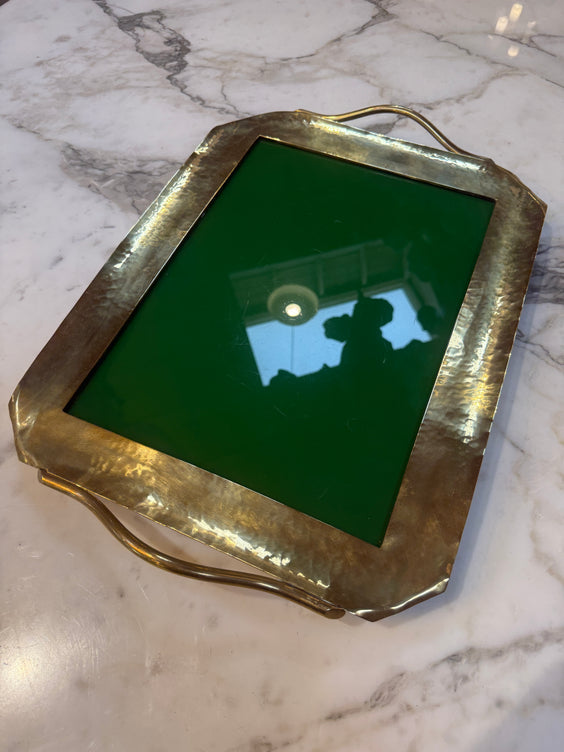 Vintage Brass Tray with Green Glass Insert