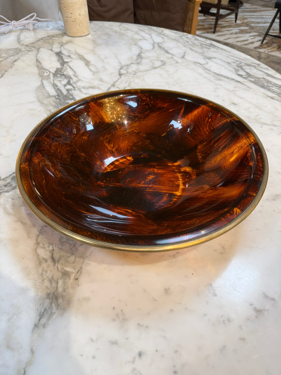 Vintage Amber Swirl Glass Bowl with Brass Rim