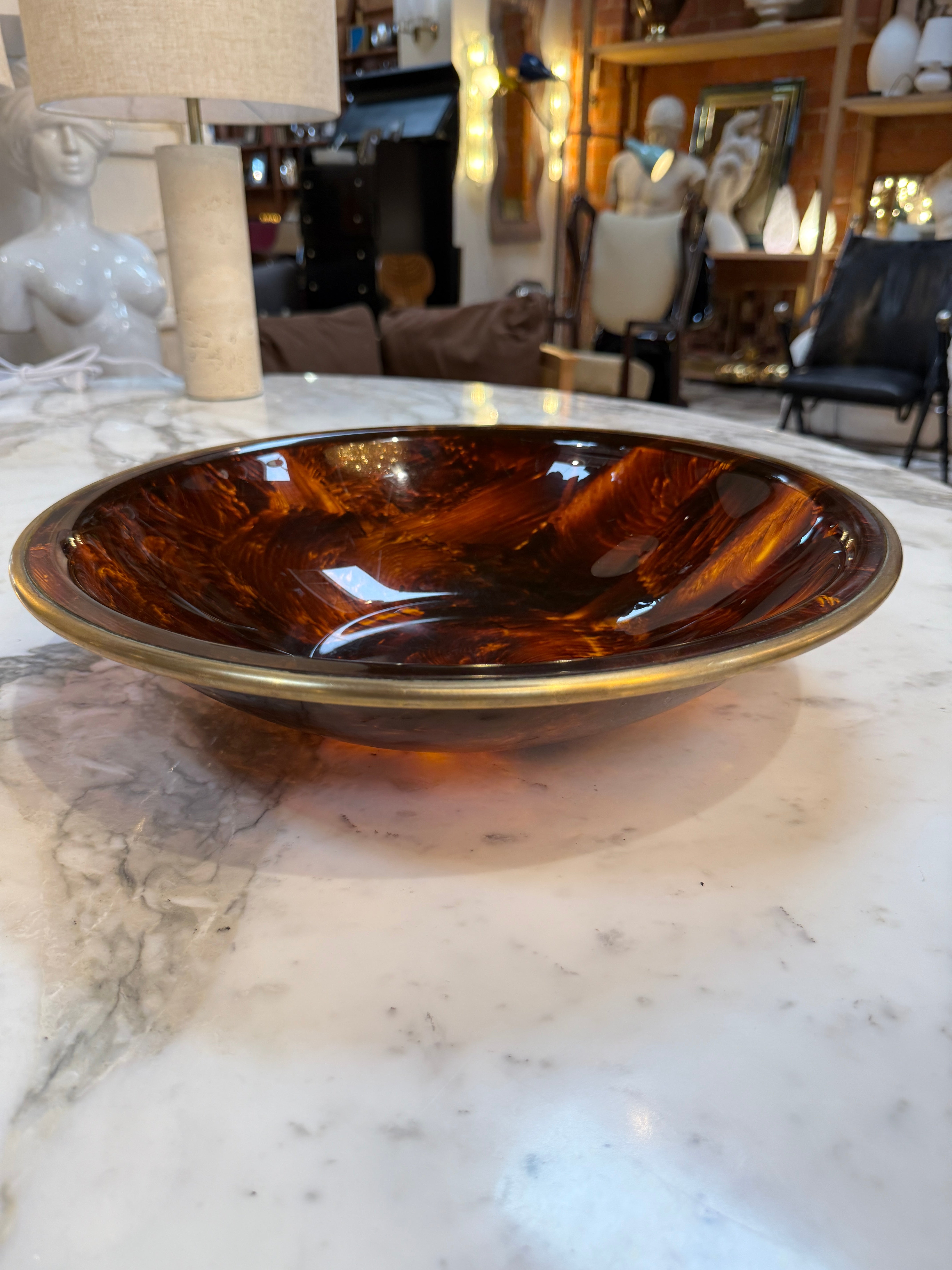 Vintage Amber Swirl Glass Bowl with Brass Rim