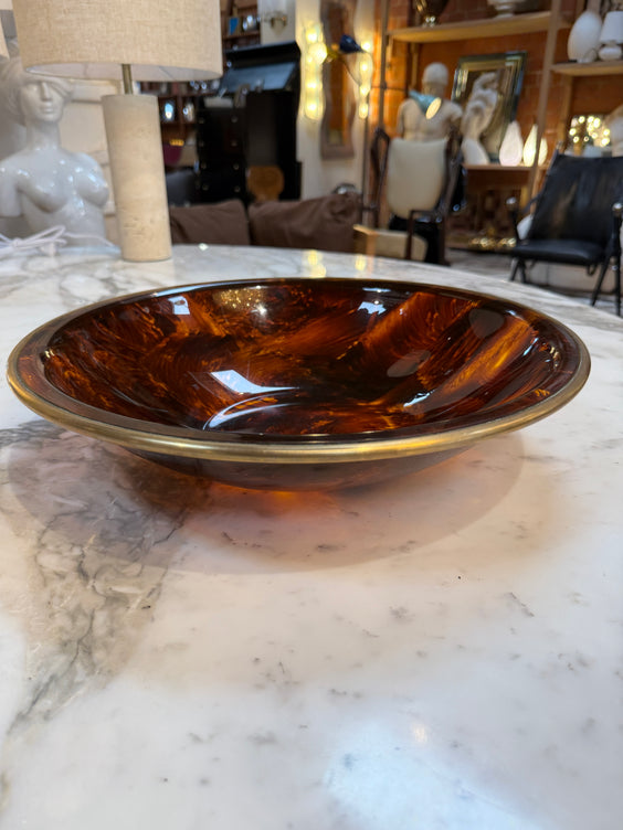 Vintage Amber Swirl Glass Bowl with Brass Rim