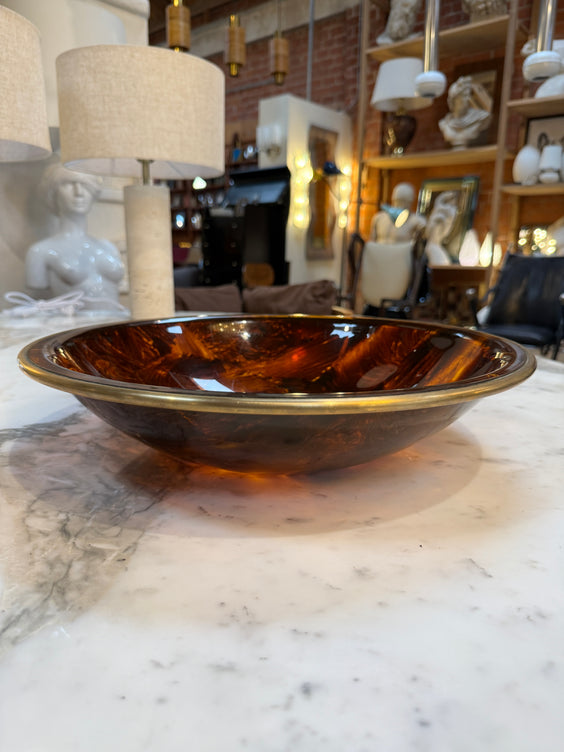 Vintage Amber Swirl Glass Bowl with Brass Rim