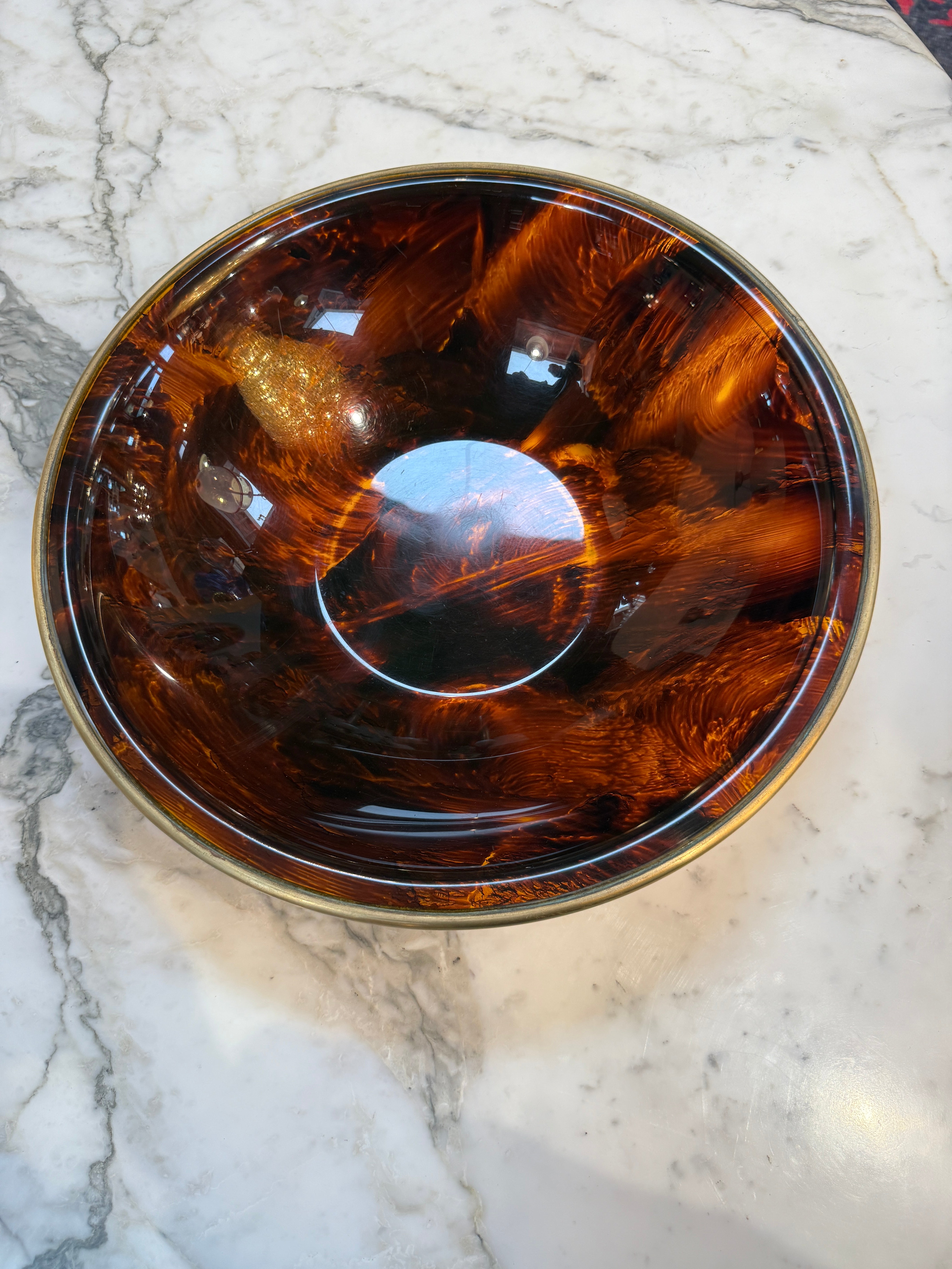 Vintage Amber Swirl Glass Bowl with Brass Rim