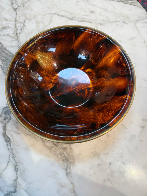 Vintage Amber Swirl Glass Bowl with Brass Rim