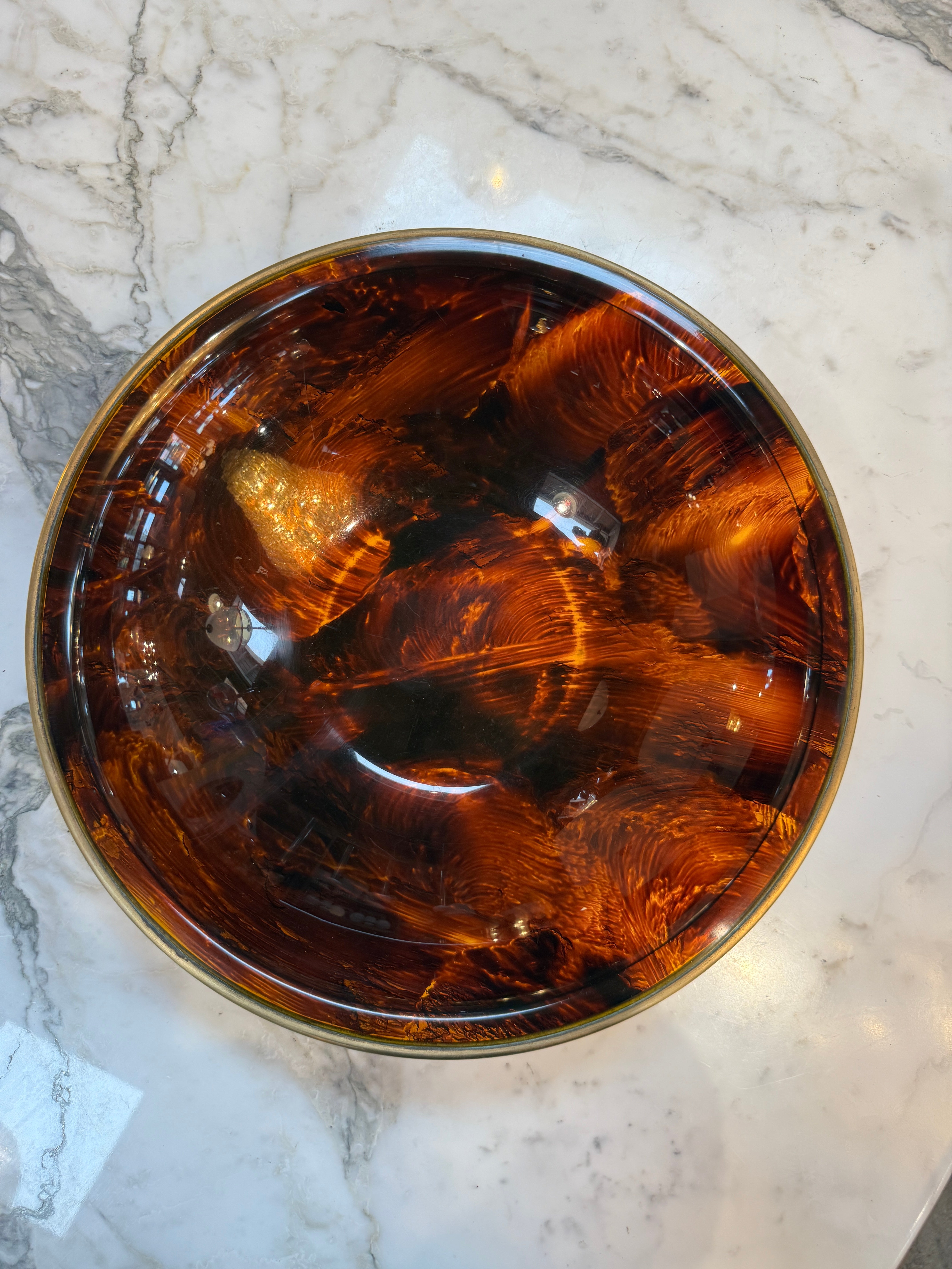 Vintage Amber Swirl Glass Bowl with Brass Rim