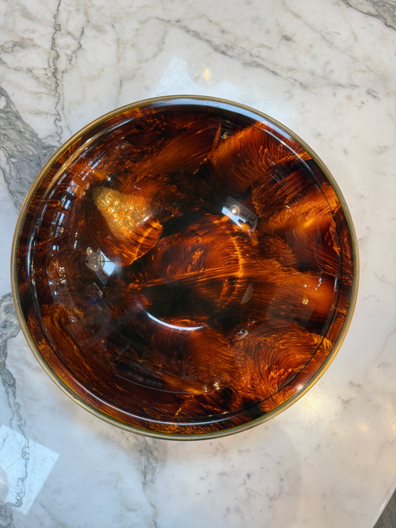 Vintage Amber Swirl Glass Bowl with Brass Rim