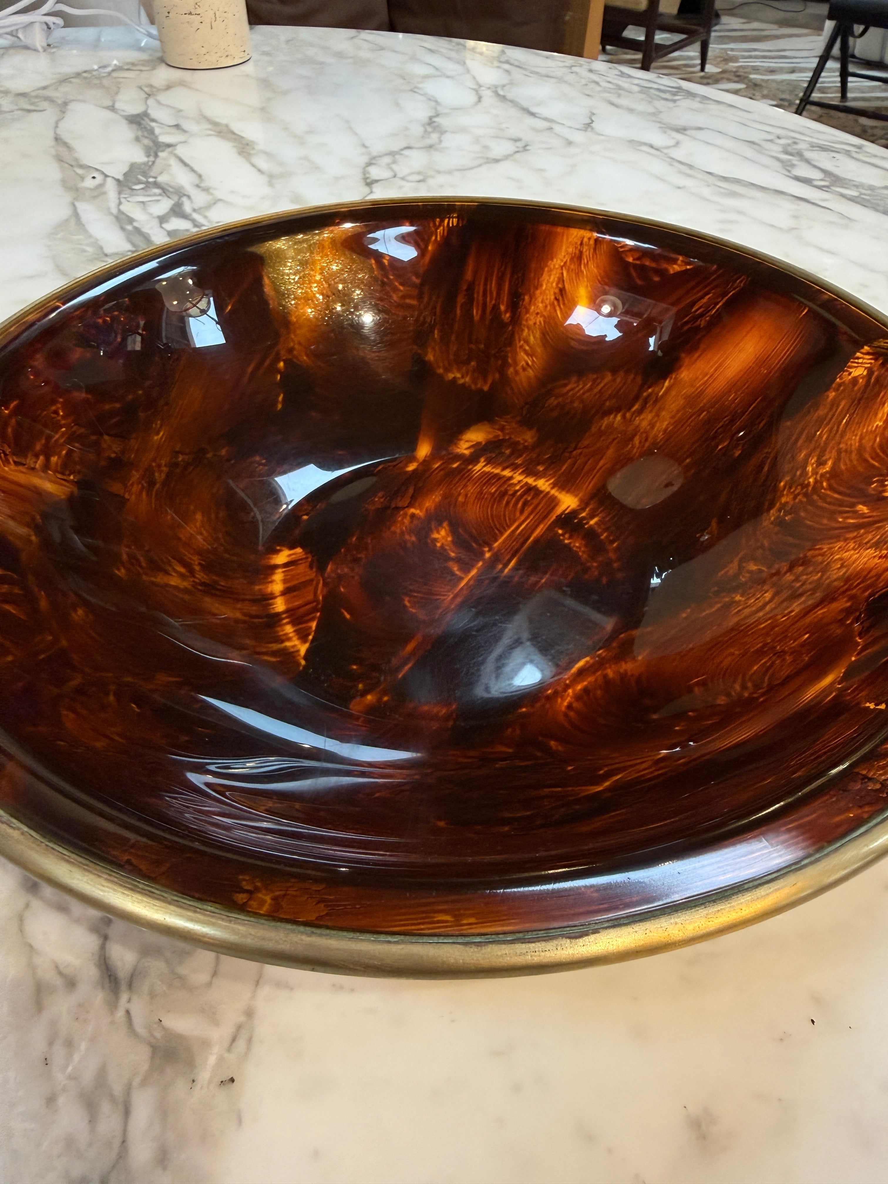 Vintage Amber Swirl Glass Bowl with Brass Rim