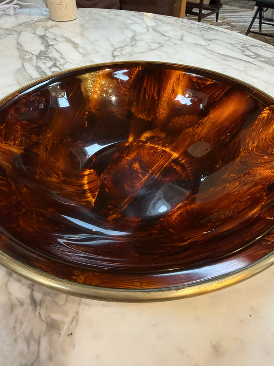 Vintage Amber Swirl Glass Bowl with Brass Rim