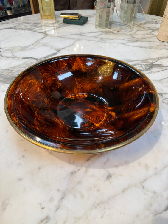 Vintage Amber Swirl Glass Bowl with Brass Rim