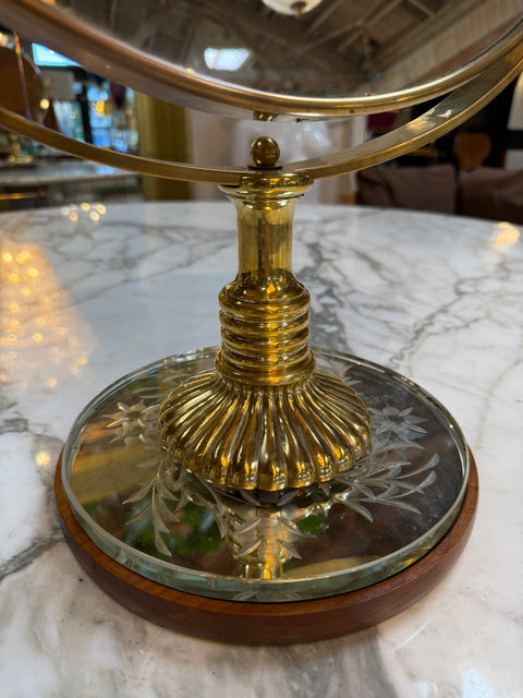 Vintage Brass Vanity Mirror with Etched Glass Base and Wood Trim