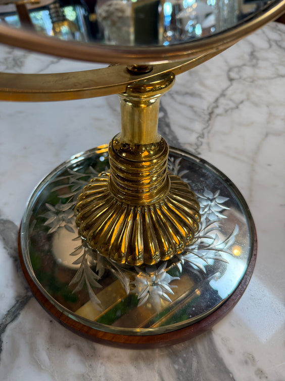 Vintage Brass Vanity Mirror with Etched Glass Base and Wood Trim