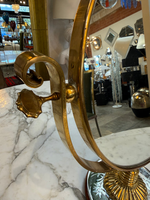 Vintage Brass Vanity Mirror with Etched Glass Base and Wood Trim