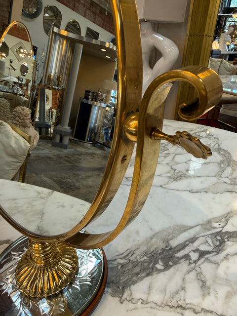 Vintage Brass Vanity Mirror with Etched Glass Base and Wood Trim