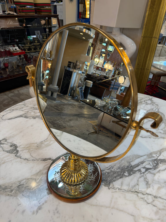 Vintage Brass Vanity Mirror with Etched Glass Base and Wood Trim