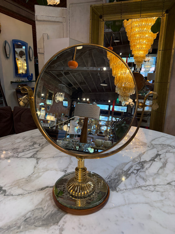 Vintage Brass Vanity Mirror with Etched Glass Base and Wood Trim