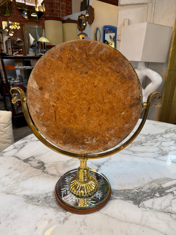 Vintage Brass Vanity Mirror with Etched Glass Base and Wood Trim