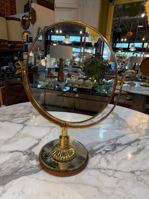 Vintage Brass Vanity Mirror with Etched Glass Base and Wood Trim