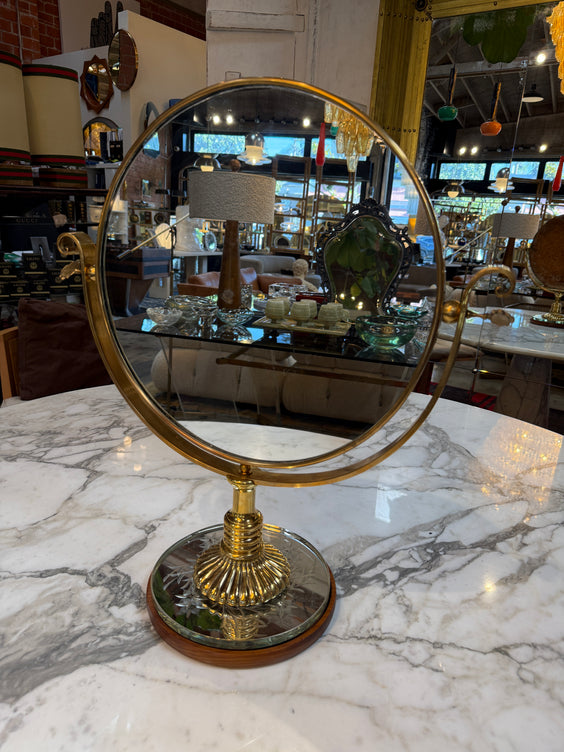 Vintage Brass Vanity Mirror with Etched Glass Base and Wood Trim