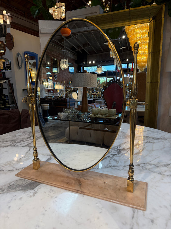 Vintage Brass Oval Vanity Mirror with Marble Base