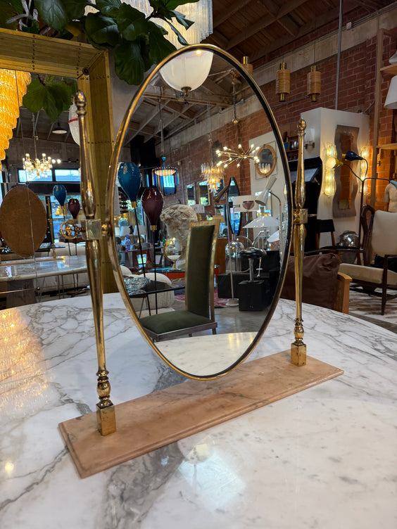 Vintage Brass Oval Vanity Mirror with Marble Base