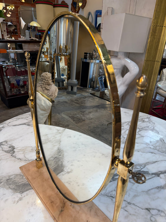 Vintage Brass Oval Vanity Mirror with Marble Base