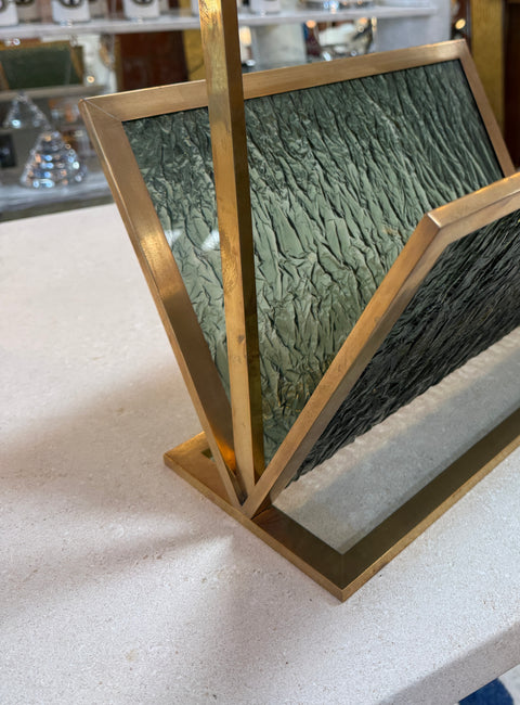 Mid-Century Brass and Green Plexiglass Magazine Holder, Italy