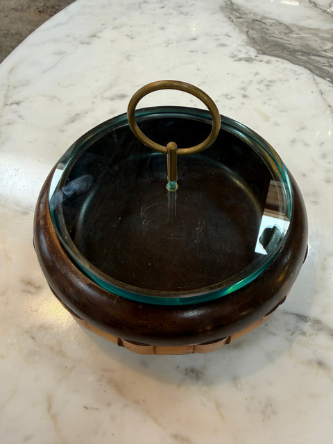 Vintage Mid-Century Wooden Box with Glass Lid & Brass Ring Handle