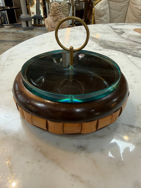 Vintage Mid-Century Wooden Box with Glass Lid & Brass Ring Handle
