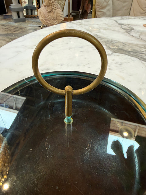 Vintage Mid-Century Wooden Box with Glass Lid & Brass Ring Handle
