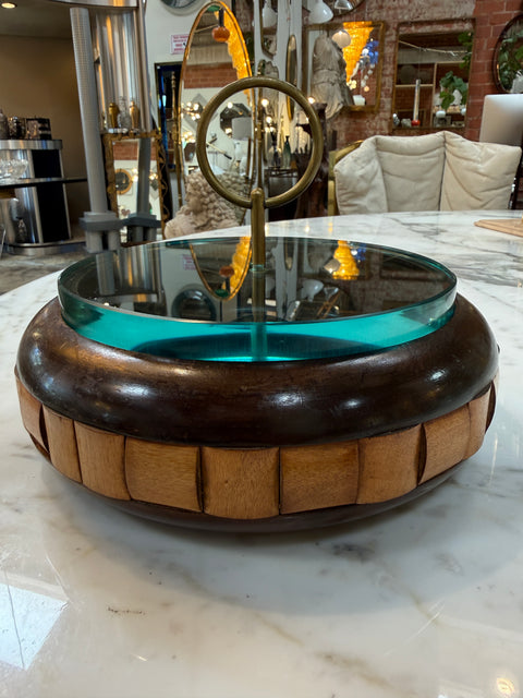 Vintage Mid-Century Wooden Box with Glass Lid & Brass Ring Handle
