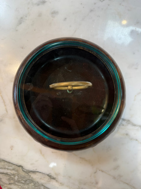 Vintage Mid-Century Wooden Box with Glass Lid & Brass Ring Handle