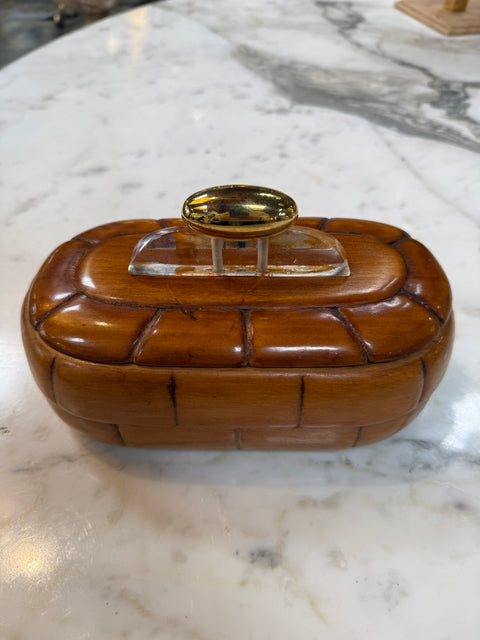 Vintage Mid-Century Carved Wood Trinket Box with Lucite & Brass Handle