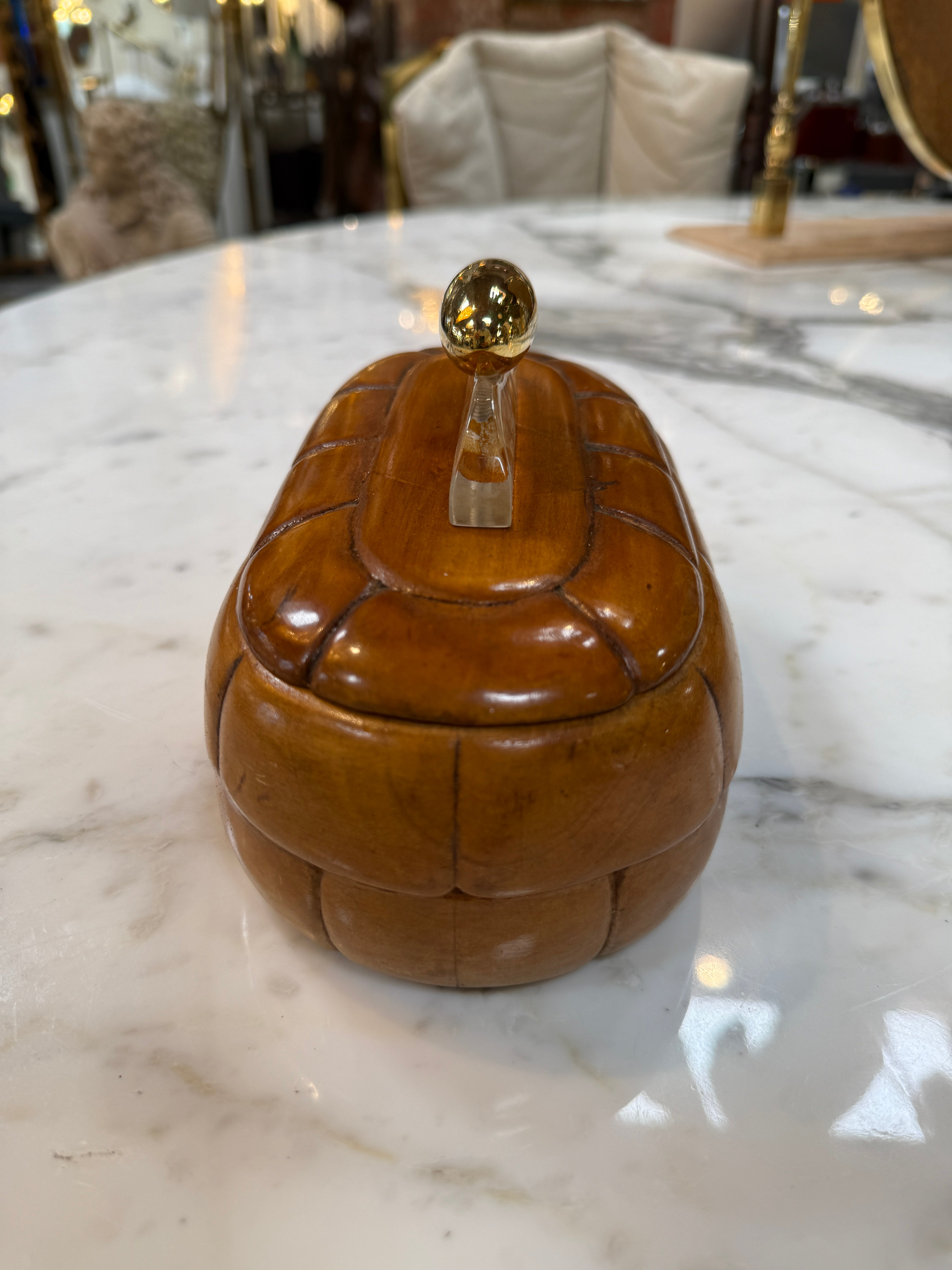 Vintage Mid-Century Carved Wood Trinket Box with Lucite & Brass Handle