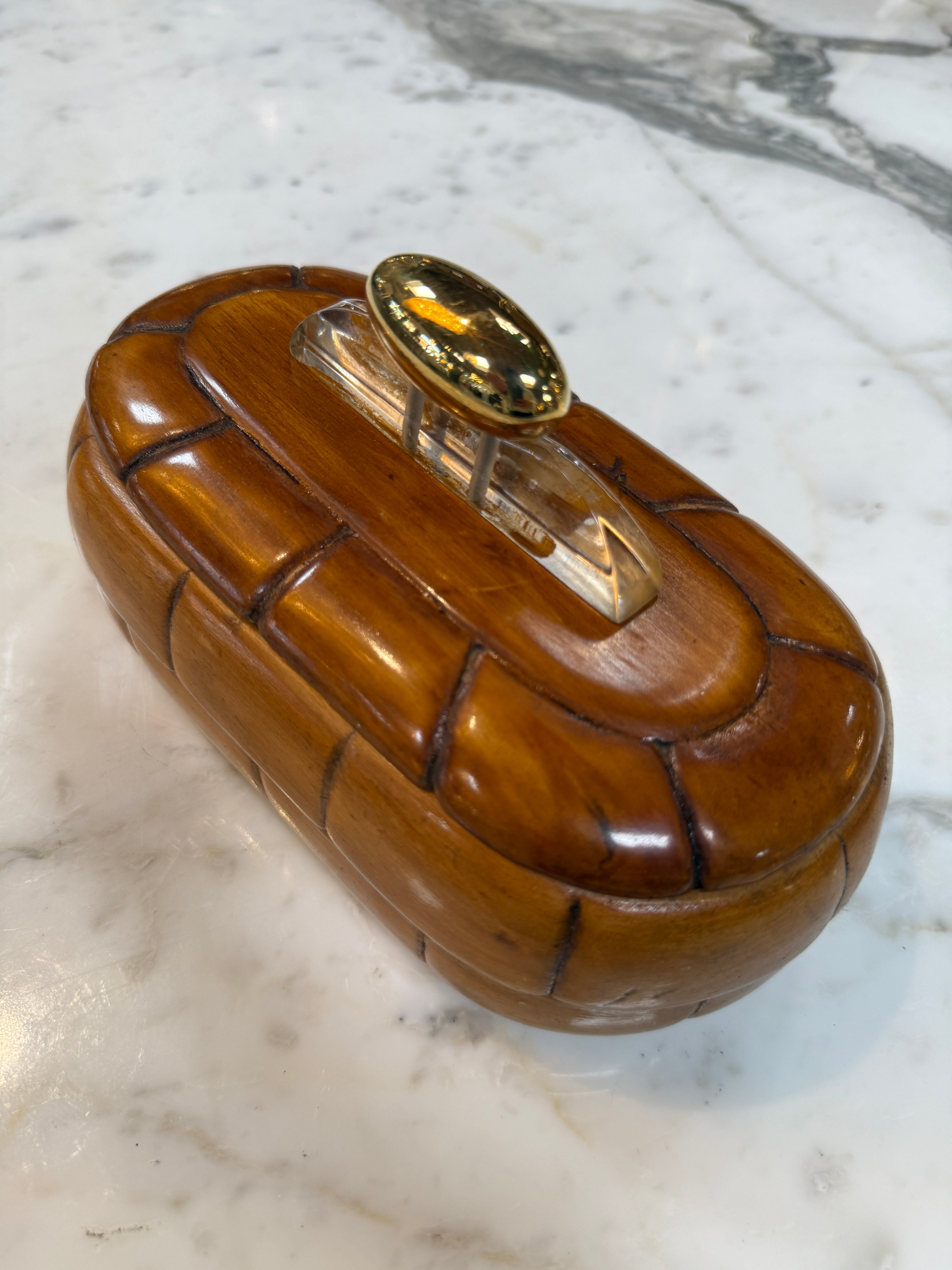 Vintage Mid-Century Carved Wood Trinket Box with Lucite & Brass Handle