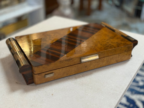 Italian Art Deco Burl Wood and Macassar Ebony Box with Brass Details, 1940s