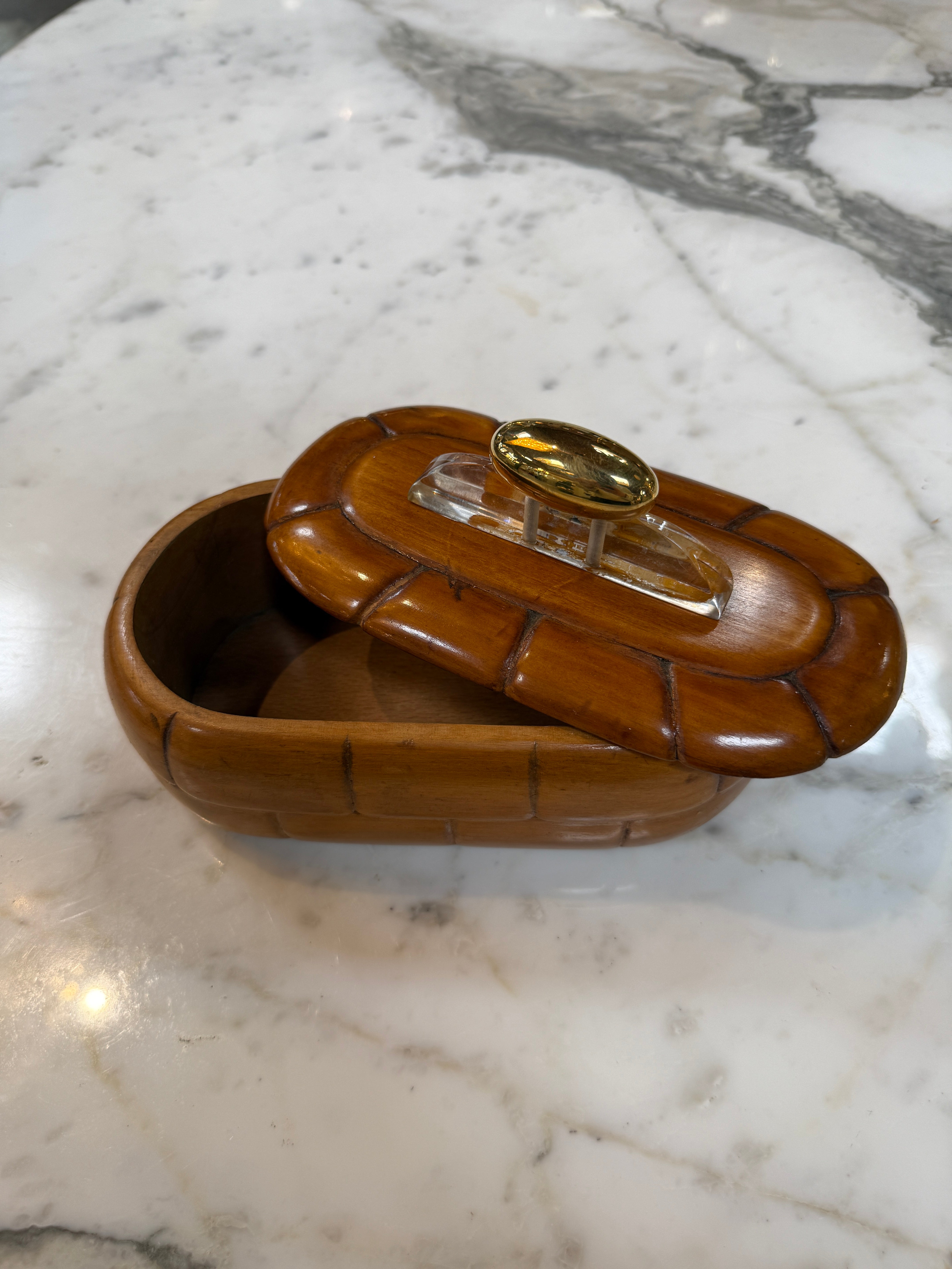 Vintage Mid-Century Carved Wood Trinket Box with Lucite & Brass Handle