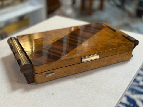 Italian Art Deco Burl Wood and Macassar Ebony Box with Brass Details, 1940s