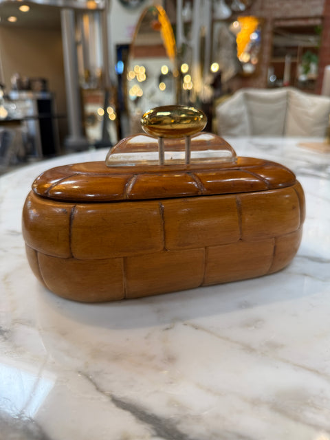 Vintage Mid-Century Carved Wood Trinket Box with Lucite & Brass Handle