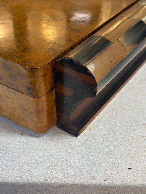Italian Art Deco Burl Wood and Macassar Ebony Box with Brass Details, 1940s