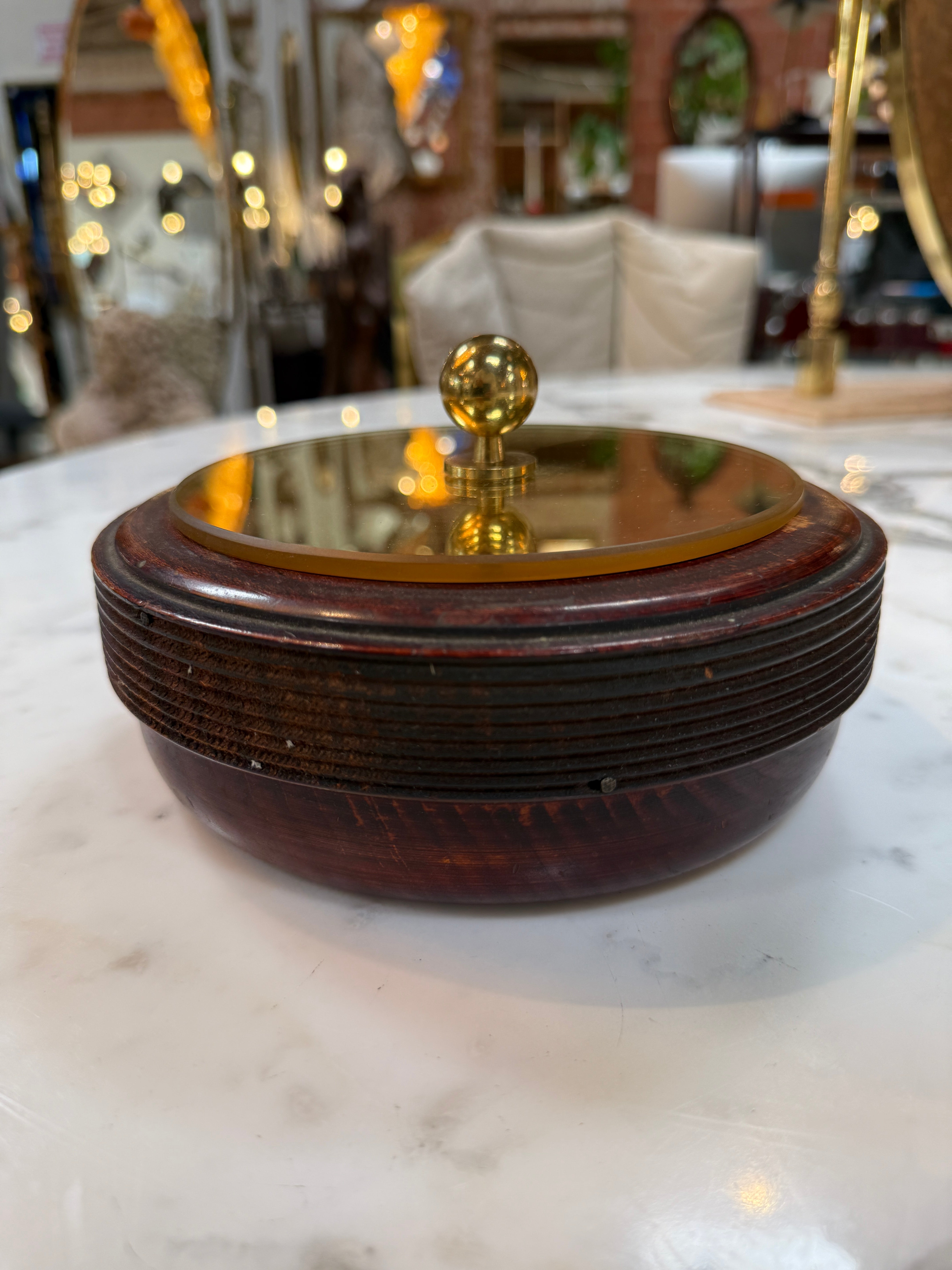 Wooden Lidded Box with Brass-Tone Mirror Top