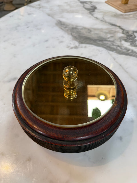 Wooden Lidded Box with Brass-Tone Mirror Top