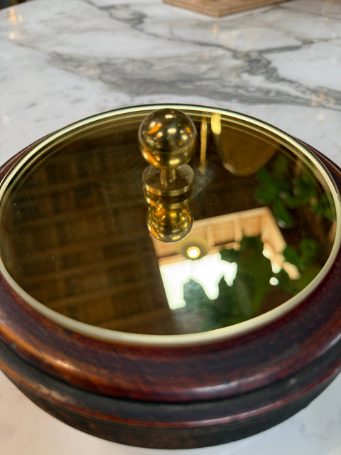 Wooden Lidded Box with Brass-Tone Mirror Top