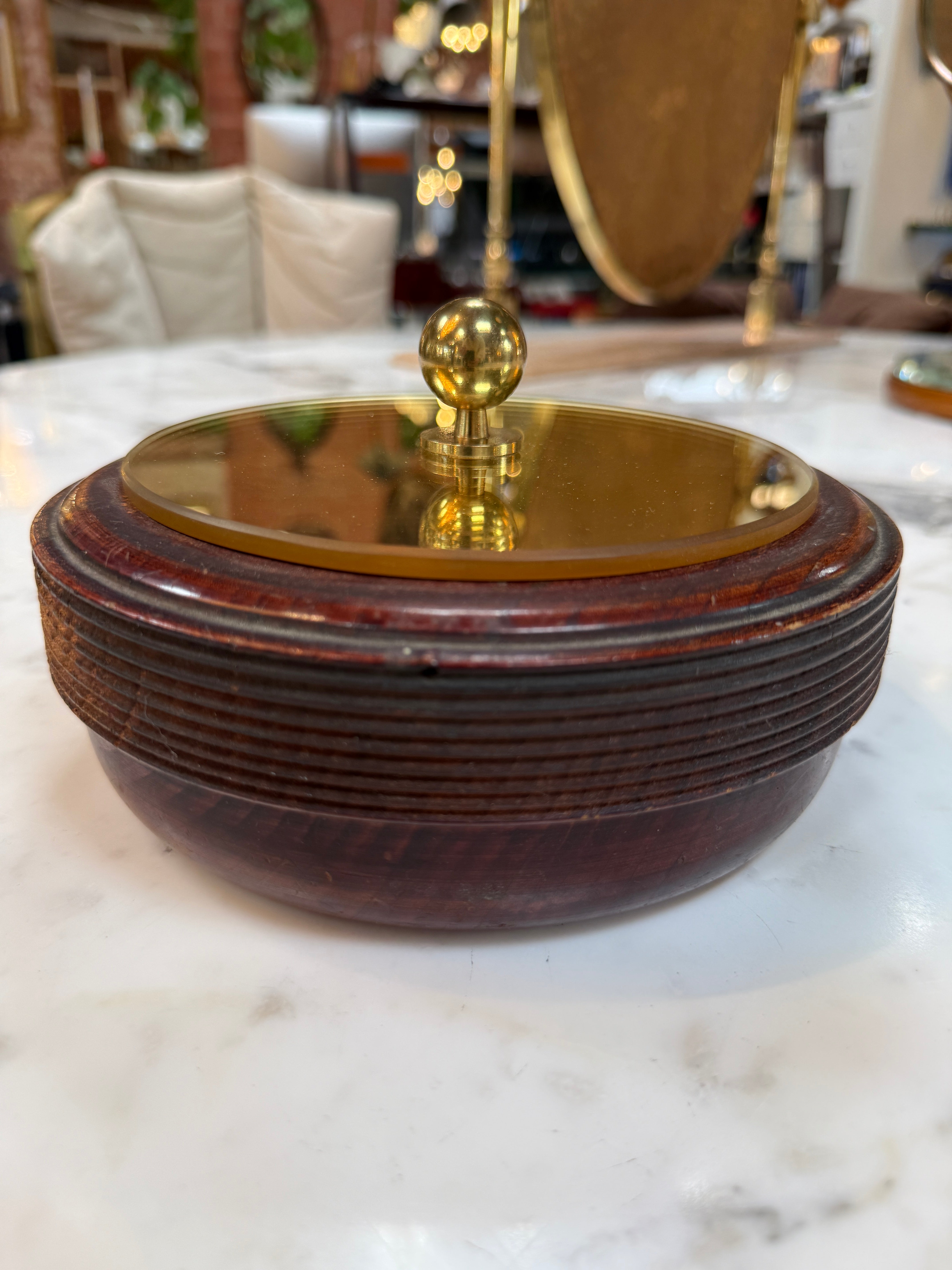 Wooden Lidded Box with Brass-Tone Mirror Top