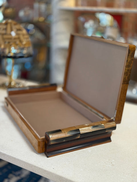Italian Art Deco Burl Wood and Macassar Ebony Box with Brass Details, 1940s