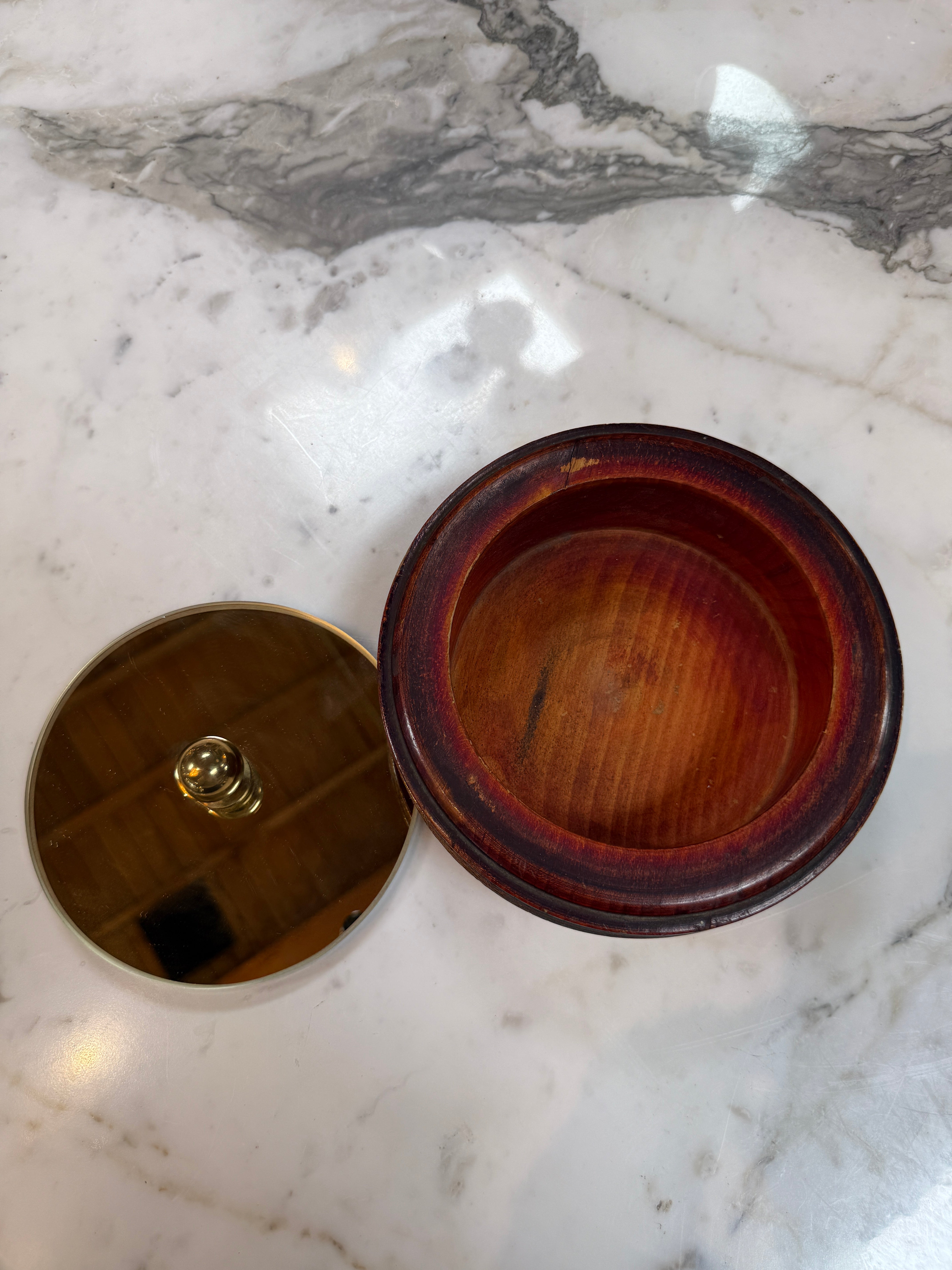 Wooden Lidded Box with Brass-Tone Mirror Top
